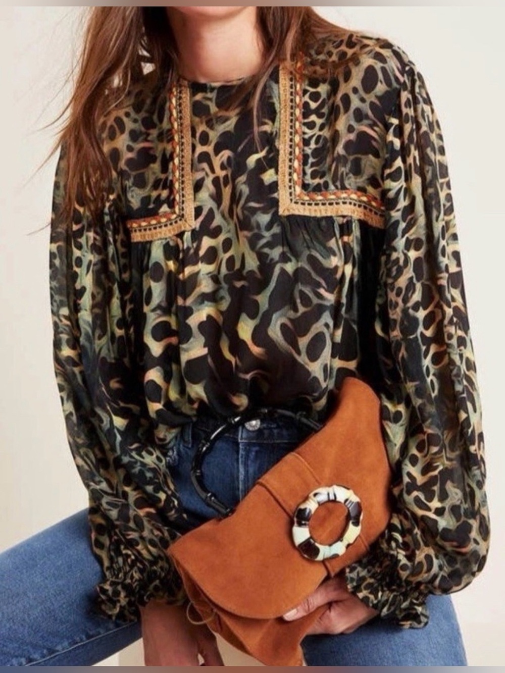 Blank London Miranda Leopard Print Olive Green Long Sleeve Smocked Cuff Blouse